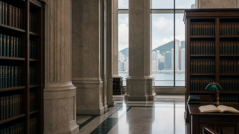 A law library with bound reports and a reading desk, looking out over Victoria Harbour